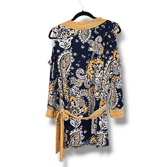 JM Collection Women's Plus Floral V Neck Waist Tie Detail‎ Blouse Blue Yellow 2X - Picture 2 of 12
